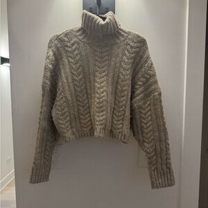 Bershka Taupe Cropped Cable Knit Turtleneck Sweater